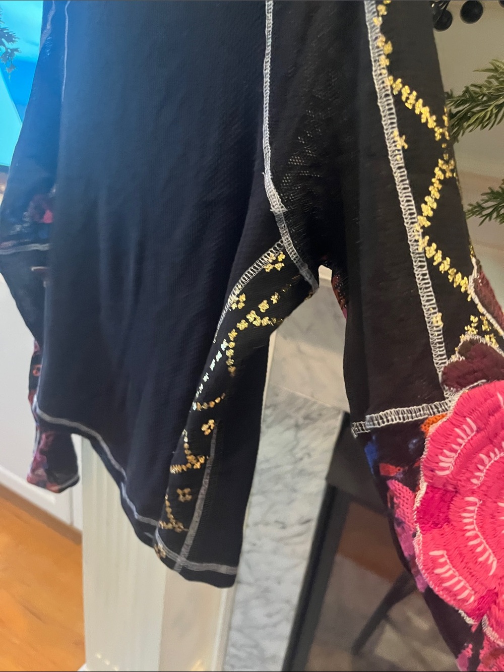 NWT Free People Black V-Neck Cold-Shoulder Top with Floral Sleeve Embroidery - Picture 6 of 7